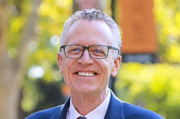 McGeorge School of Law Dean Michael Hunter Schwartz on the quad of the Sacramento campus